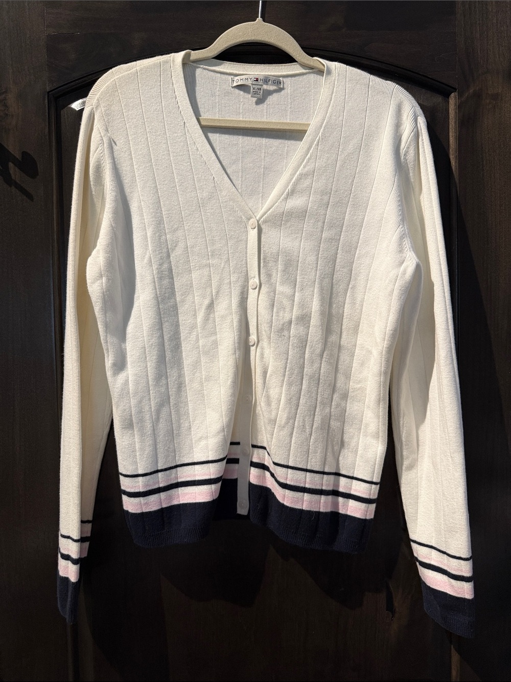 Tommy Hilfiger Cream V-Neck Ribbed Cardigan with Pink & Navy Stripes
